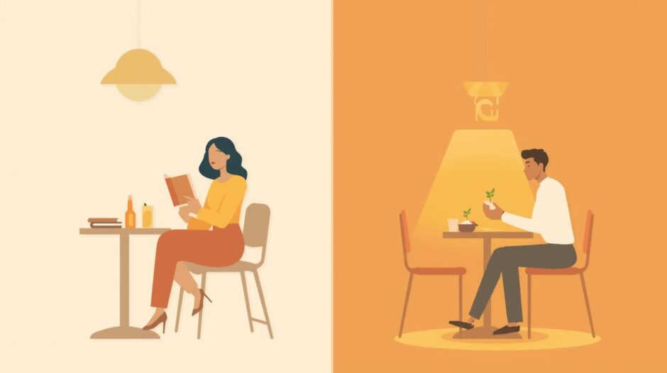 ソロ活女性とソロ飯男性のイラスト