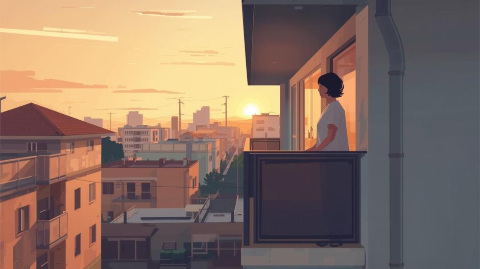 市営住宅のベランダで佇む女性のイラスト