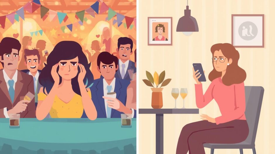 婚活パーティーに参加する女性とマッチングアプリを利用する女性のイラスト