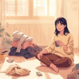 ズボラな女性と部屋のイラスト