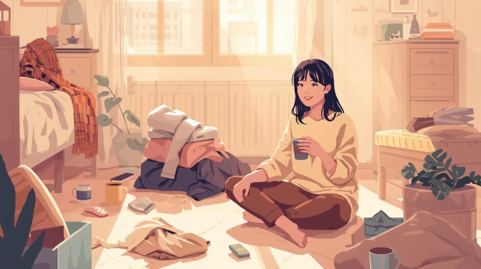 ズボラな女性と部屋のイラスト