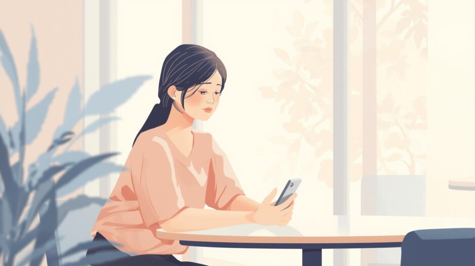 SNSをスマホで見る女性のイラスト