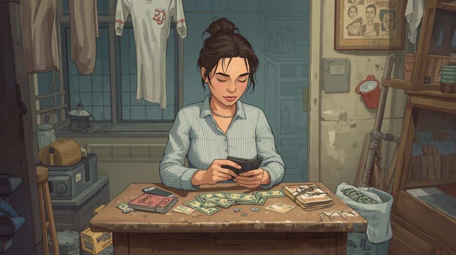 お金がない女性が節約を考えるイラスト