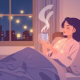 40代一人暮らしの女性が夜に癒しのBGMを聴きながらくつろいでいる