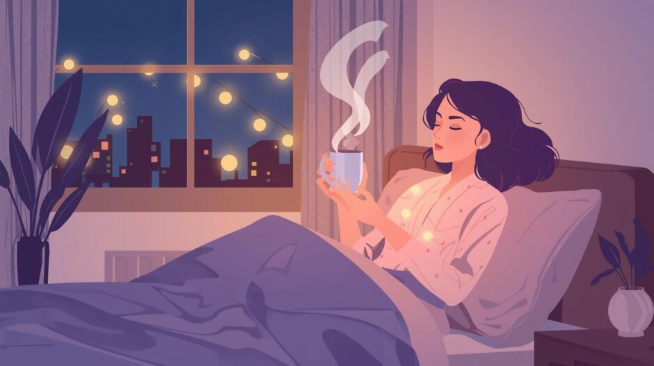 40代一人暮らしの女性が夜に癒しのBGMを聴きながらくつろいでいる