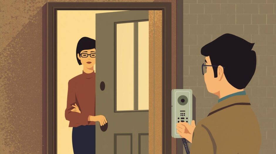 訪問販売を断る女性のイラスト