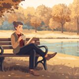 おひとりさま女性が公園のベンチでコーヒーを飲みながら読書するイラスト