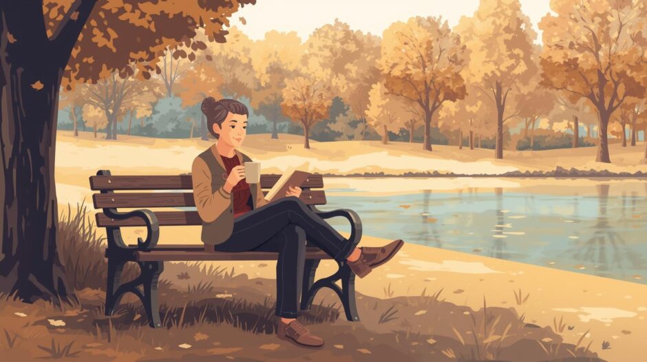 おひとりさま女性が公園のベンチでコーヒーを飲みながら読書するイラスト