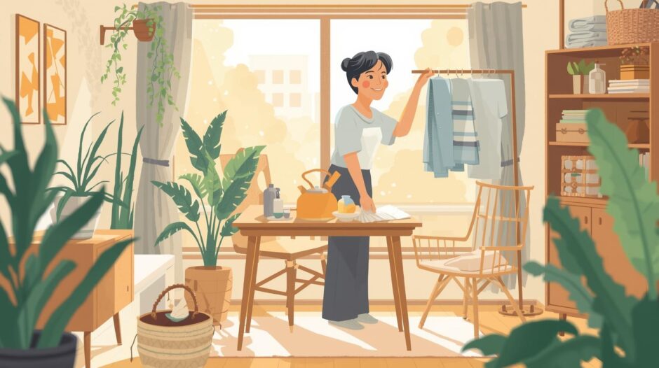 一人暮らしの女性が家事をしているイラスト