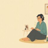 ミニマリスト女性がものの少ない部屋で座っているイラスト