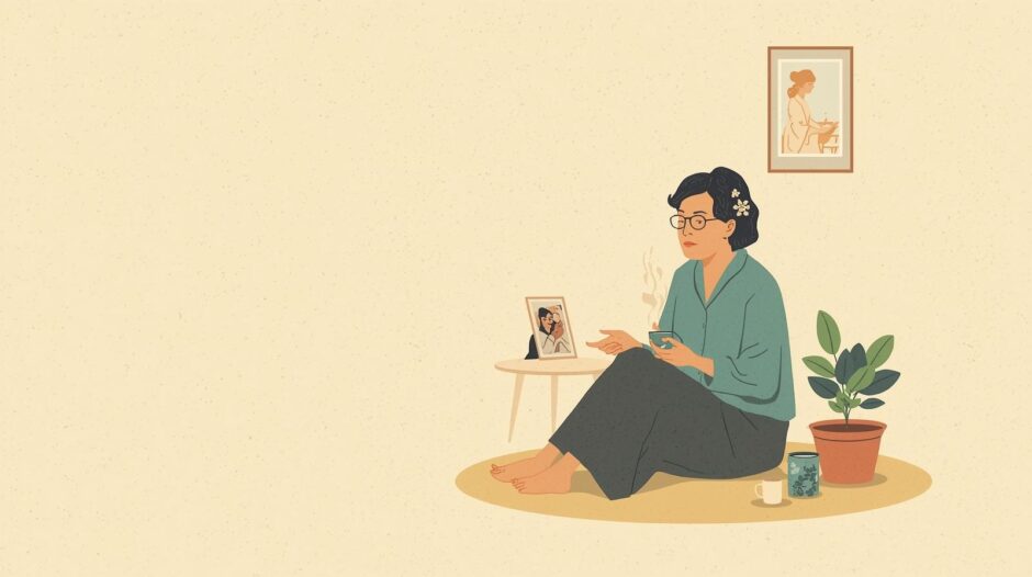 ミニマリスト女性がものの少ない部屋で座っているイラスト