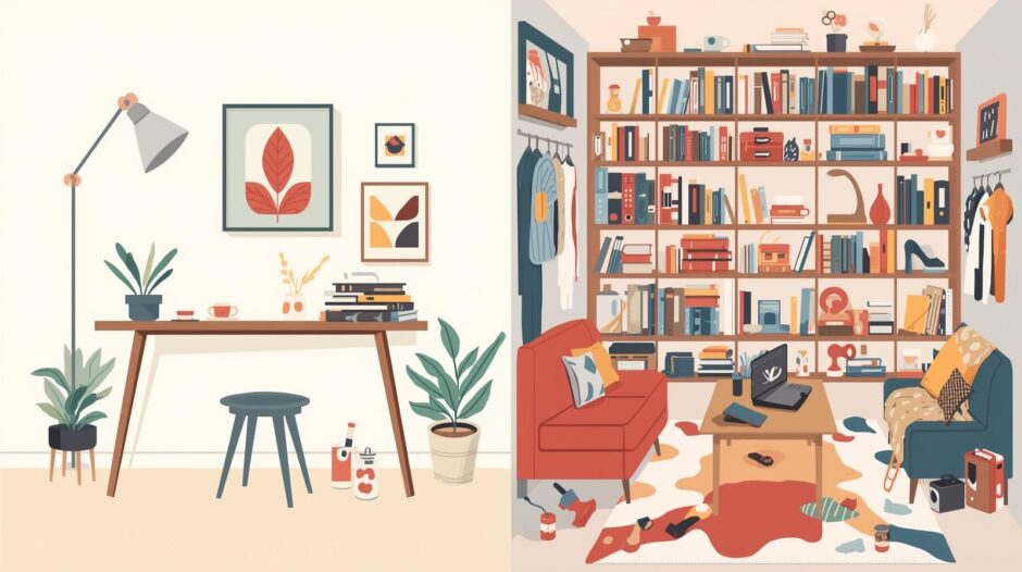 ミニマリストとマキシマリストの部屋の対比イラスト