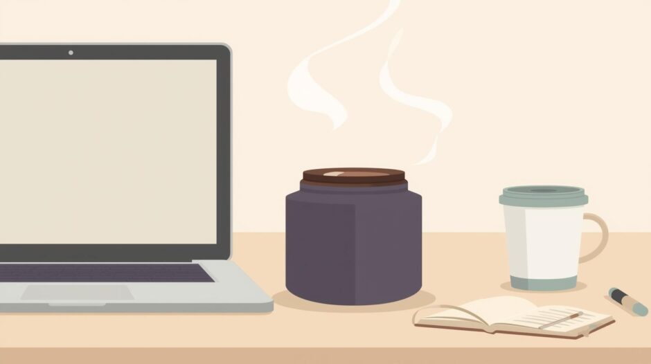 スープジャーランチがオフィスのデスクに置いてあるイラスト