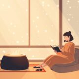 冬の節電対策を意識して部屋でくつろぐ女性のイラスト