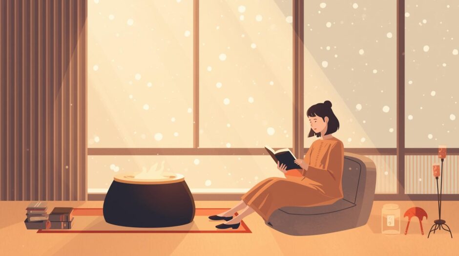 冬の節電対策を意識して部屋でくつろぐ女性のイラスト