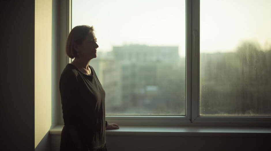 窓際に佇む中年女性