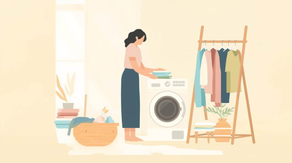 一人暮らしの女性が洗濯をしているイラスト